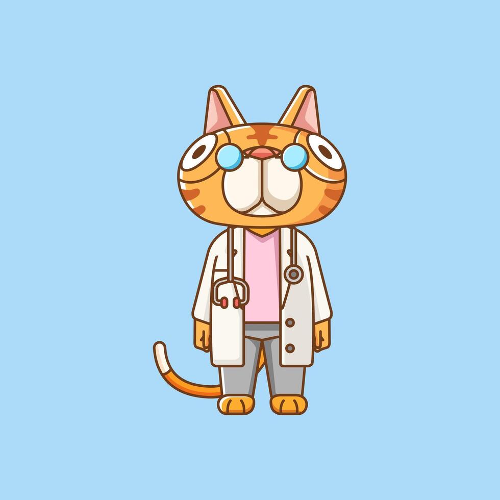 Cute cat doctor medical personnel chibi character mascot icon flat line art style illustration concept cartoon vector