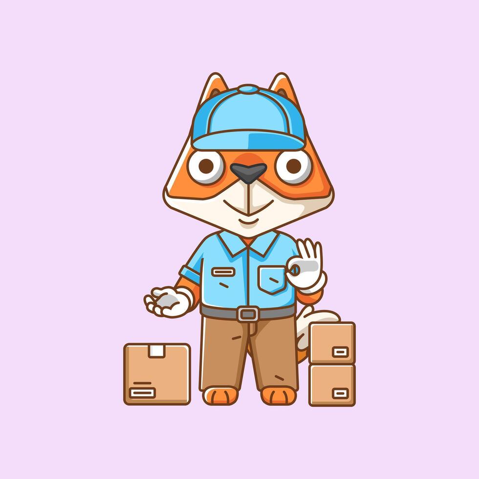 Cute fox courier package delivery animal chibi character mascot icon flat line art style illustration concept vector