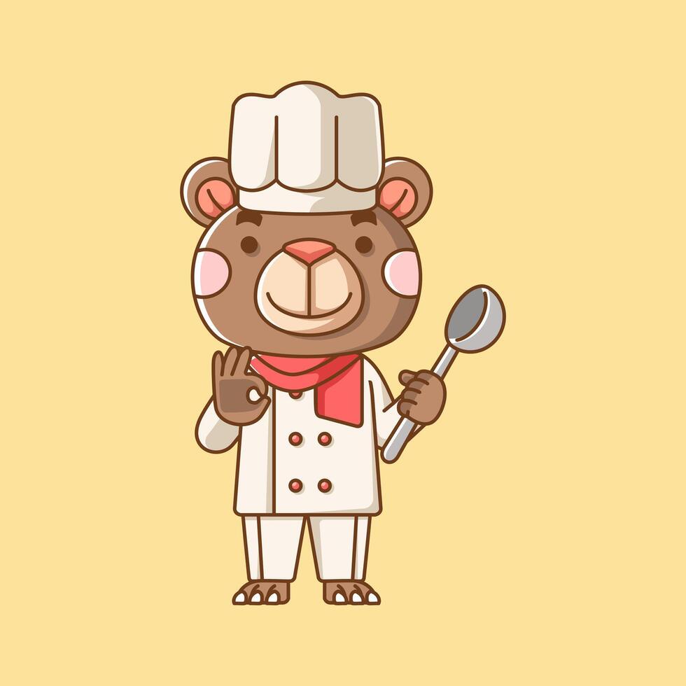 Cute bear chef cook serve food animal chibi character mascot icon flat line art style illustration concept cartoon vector