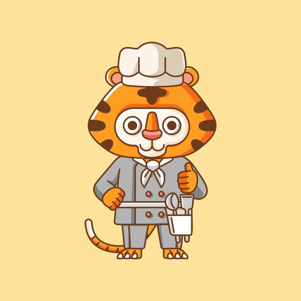 Cute tiger chef cook serve food animal chibi character mascot icon flat line art style illustration concept cartoon vector