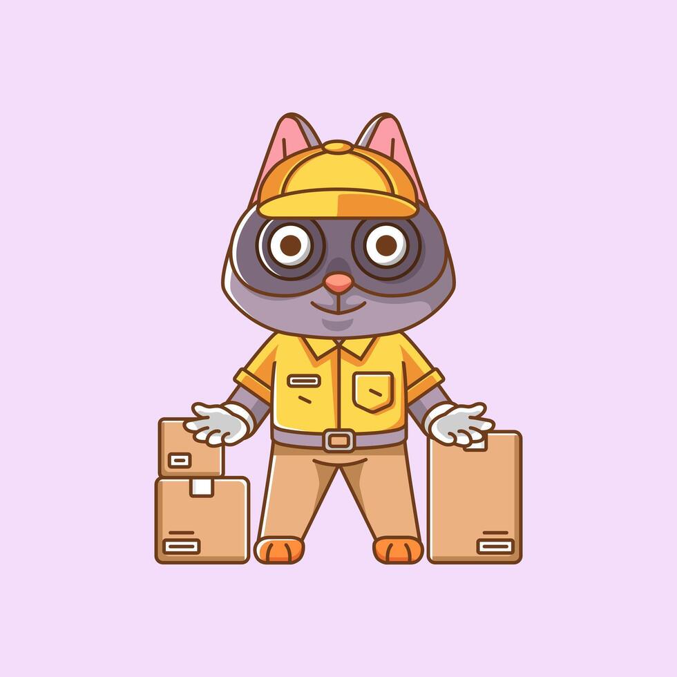 Cute raccoon courier package delivery animal chibi character mascot icon flat line art style illustration concept cartoon vector