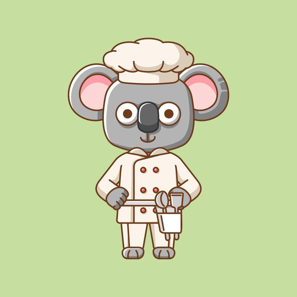 Cute koala chef cook serve food animal chibi character mascot icon flat line art style illustration concept cartoon vector