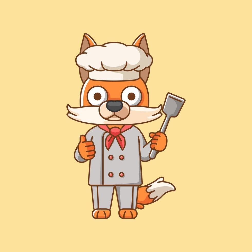 linda zorro cocinero cocinar servir comida animal chibi personaje mascota icono plano línea Arte estilo ilustración concepto dibujos animados vector