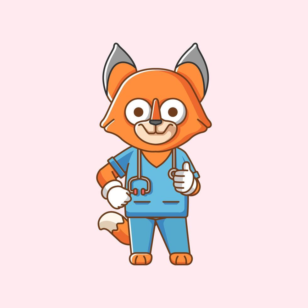 Cute fox doctor medical personnel chibi character mascot icon flat line art style illustration concept cartoon vector