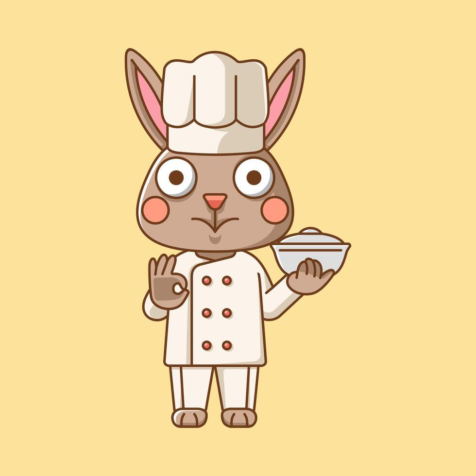 Cute rabbit chef cook serve food animal chibi character mascot icon flat line art style illustration concept cartoon vector