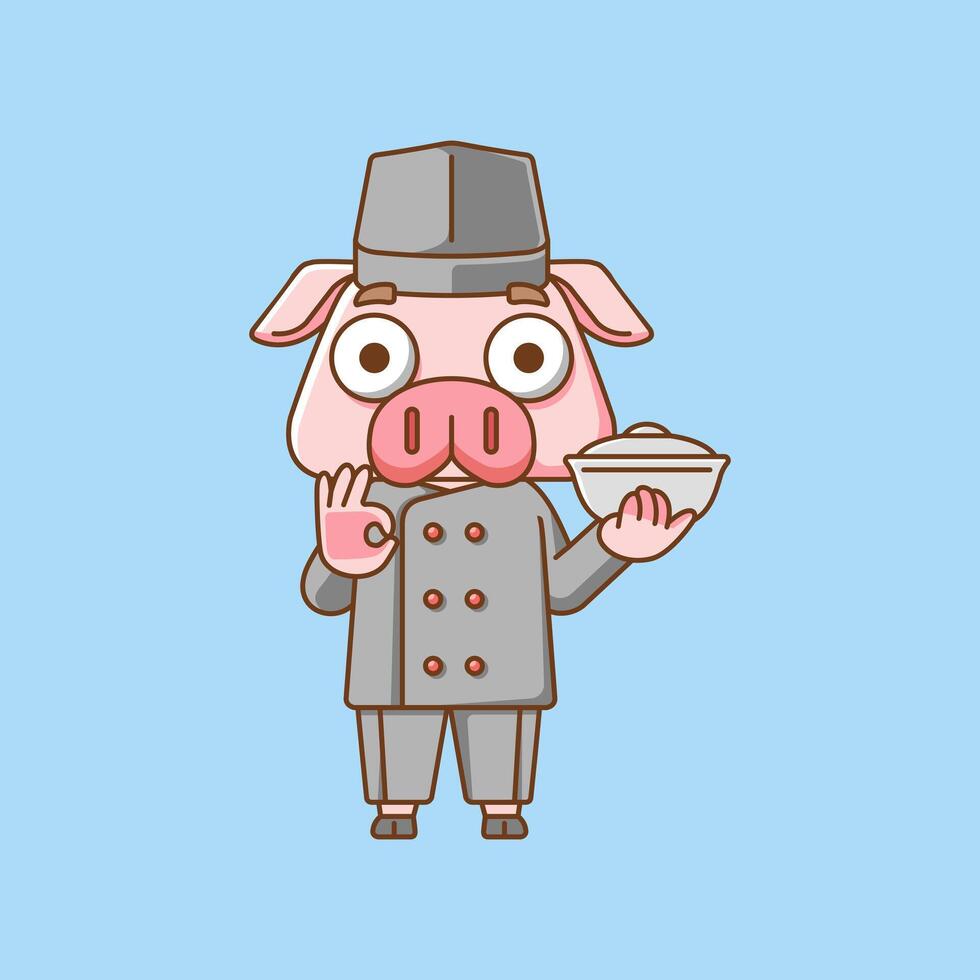 Cute pig chef cook serve food animal chibi character mascot icon flat line art style illustration concept cartoon vector