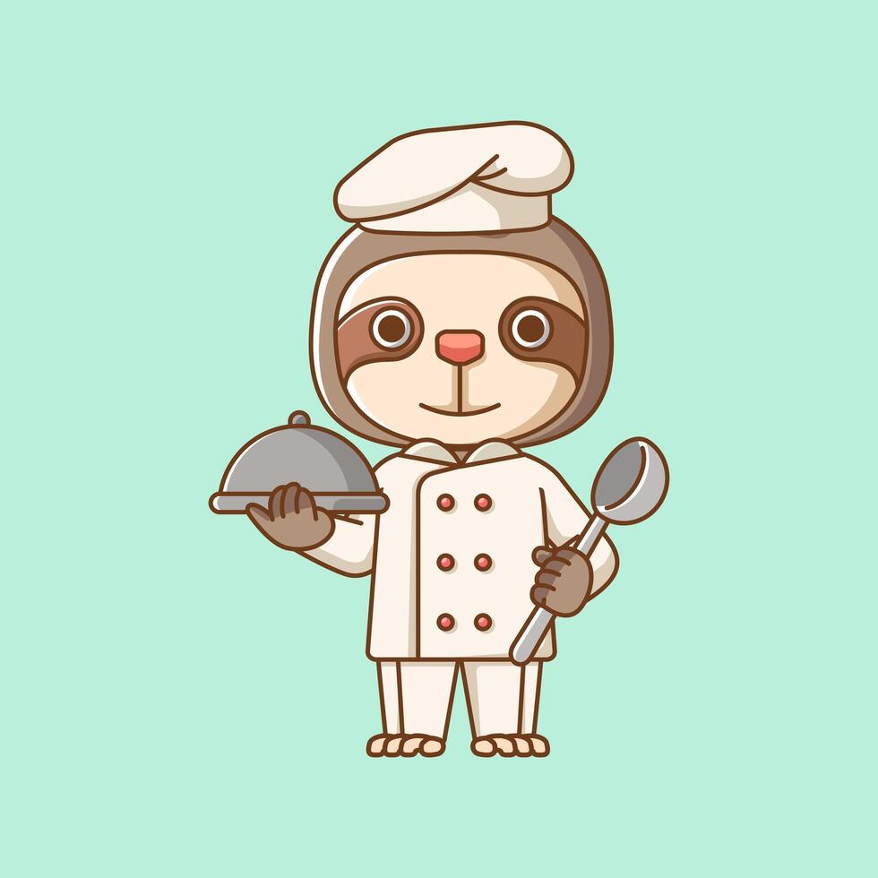 Cute sloth chef cook serve food animal chibi character mascot icon flat line art style illustration concept cartoon vector