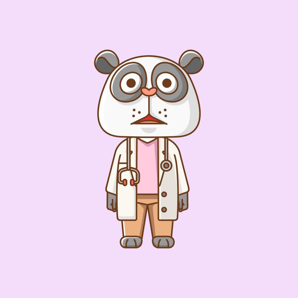 Cute panda doctor medical personnel chibi character mascot icon flat line art style illustration concept cartoon vector