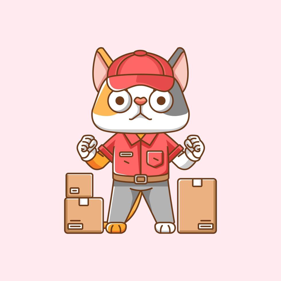 Cute rabbit courier package delivery animal chibi character mascot icon flat line art style illustration concept cartoon vector