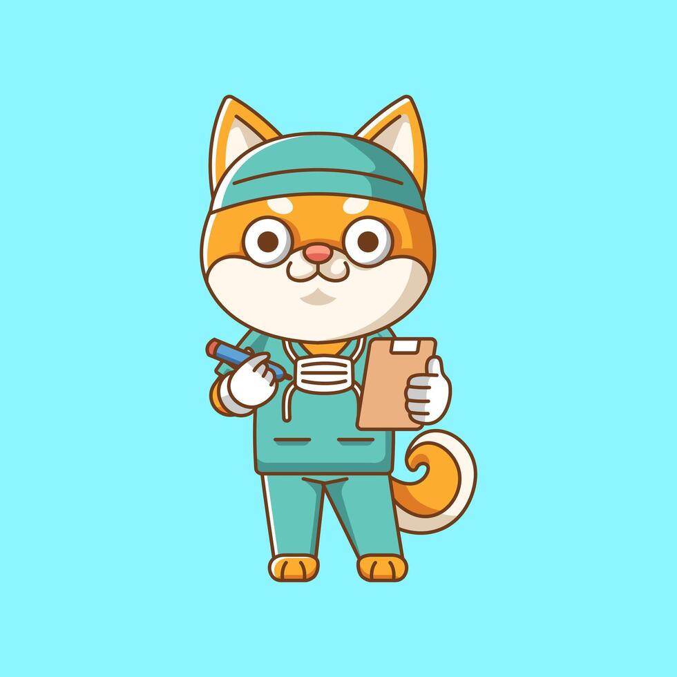 Cute shiba inu dog doctor medical personnel chibi character mascot icon flat line art style illustration concept cartoon vector