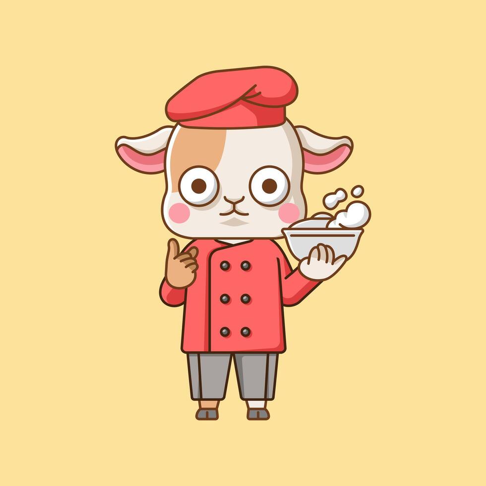 Cute goat chef cook serve food animal chibi character mascot icon flat line art style illustration concept cartoon vector
