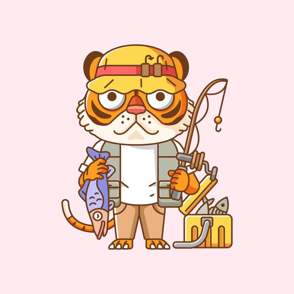 linda Tigre pescador pescar animal chibi personaje mascota icono plano línea Arte estilo ilustración concepto dibujos animados vector