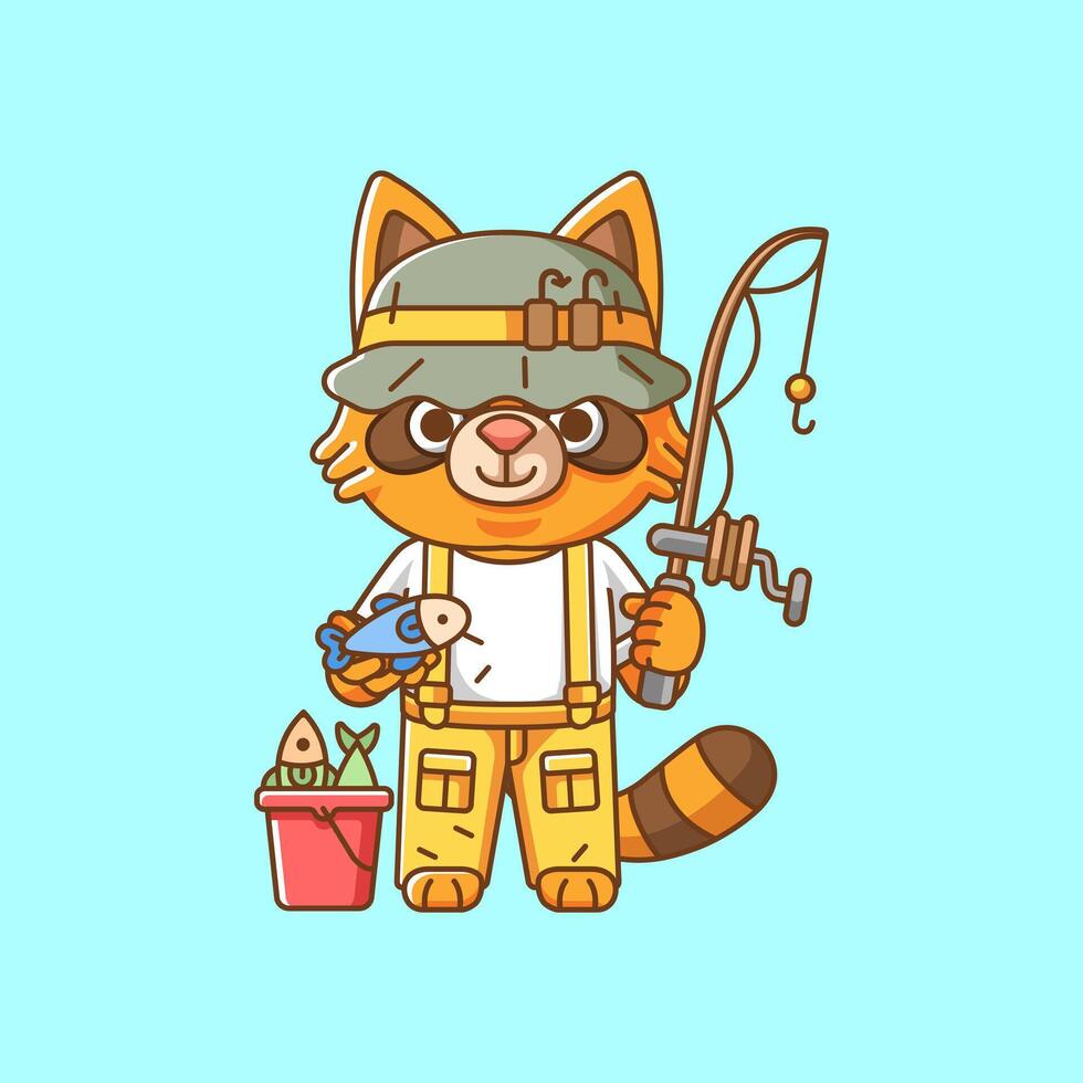 Cute raccoon fisher fishing animal chibi character mascot icon flat line art style illustration concept cartoon vector