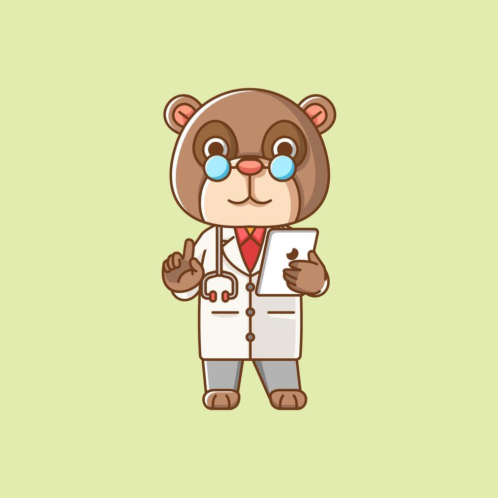 Cute bear doctor medical personnel chibi character mascot icon flat line art style illustration concept cartoon 0 vector