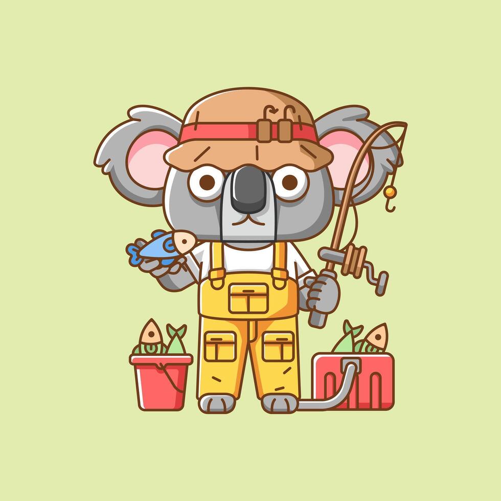 Cute koala fisher fishing animal chibi character mascot icon flat line art style illustration concept cartoon vector