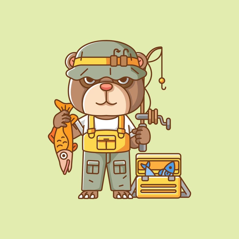 linda oso pescador pescar animal chibi personaje mascota icono plano línea Arte estilo ilustración concepto dibujos animados vector