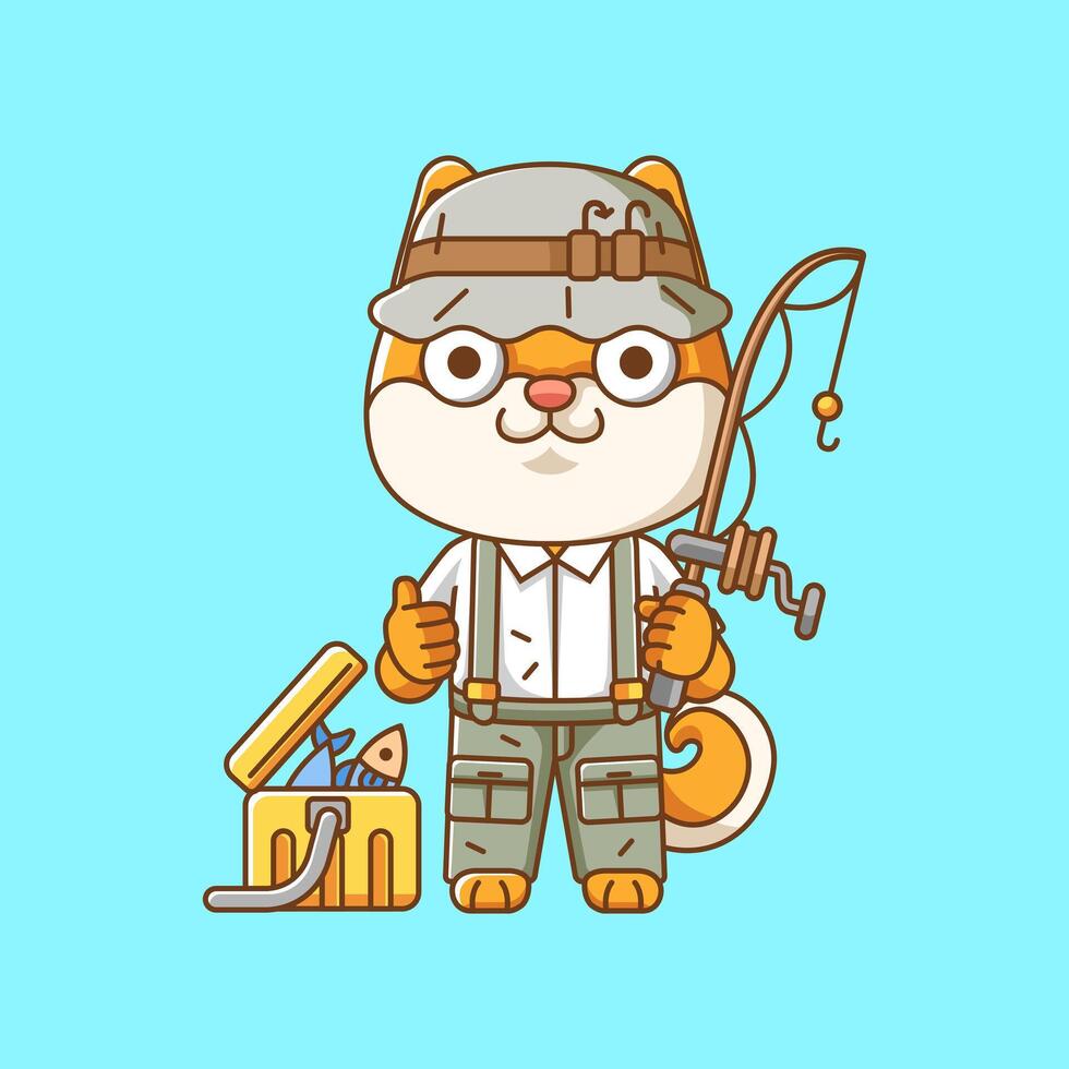 Cute shiba inu dog fisher fishing animal chibi character mascot icon flat line art style illustration concept cartoon vector