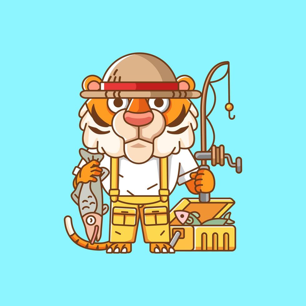 Cute tiger fisher fishing animal chibi character mascot icon flat line art style illustration concept cartoon vector