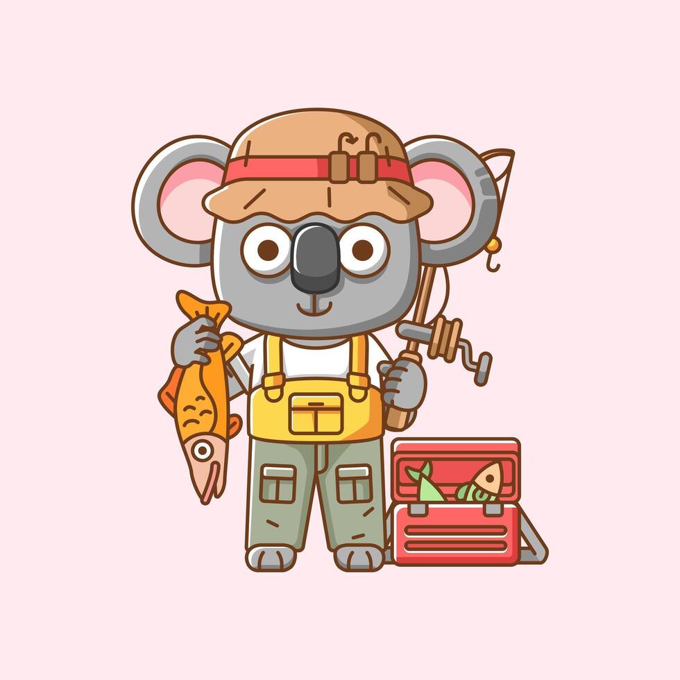 linda coala pescador pescar animal chibi personaje mascota icono plano línea Arte estilo ilustración concepto dibujos animados vector