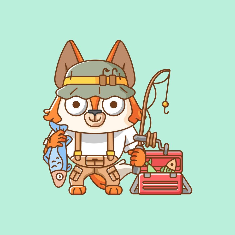 Cute fox fisher fishing animal chibi character mascot icon flat line art style illustration concept cartoon vector