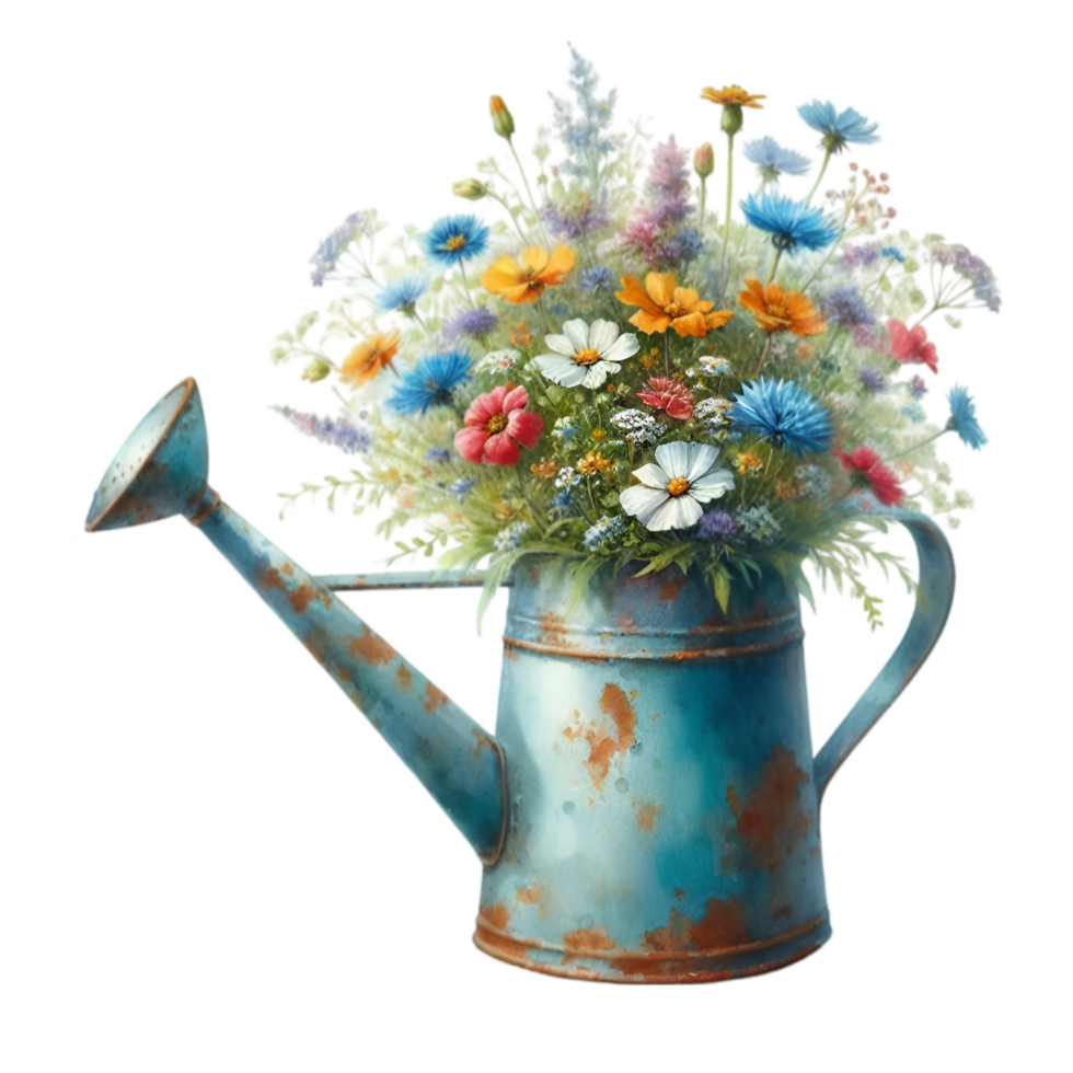 AI generated old watering can with flowers. png