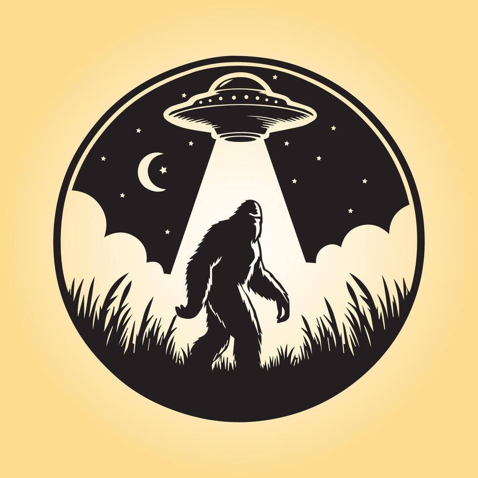 AI generated UFO With Bigfoot silhouette vector illustration in black and white