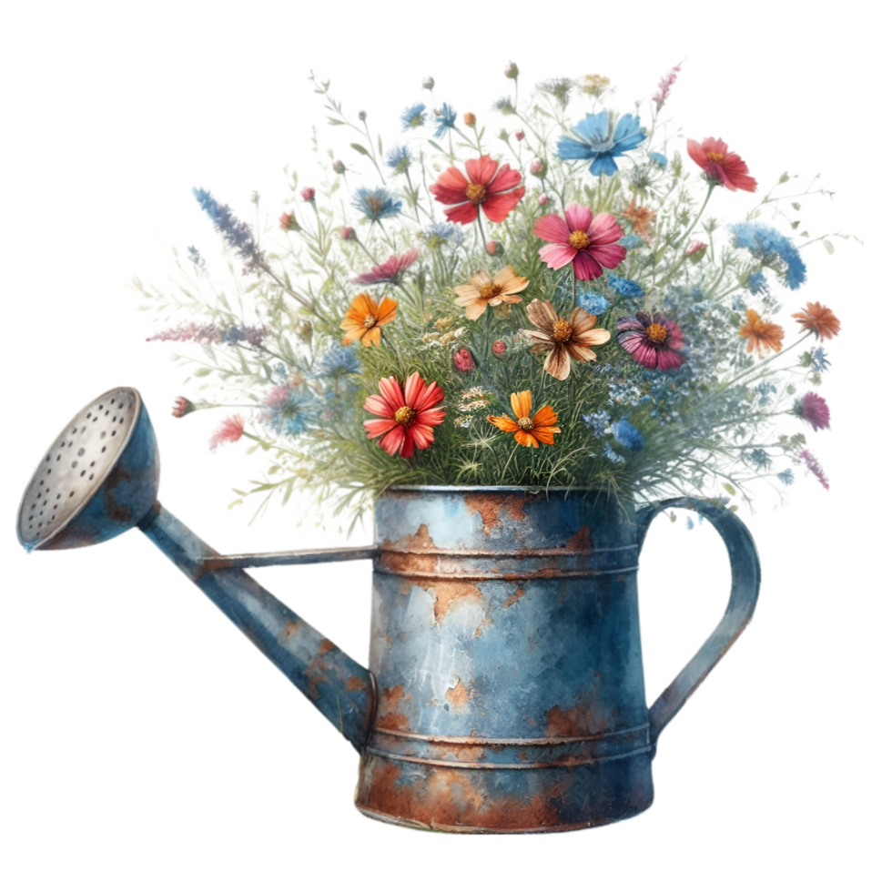 AI generated old watering can with flowers. png