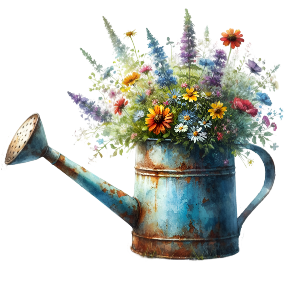 AI generated old watering can with flowers. png