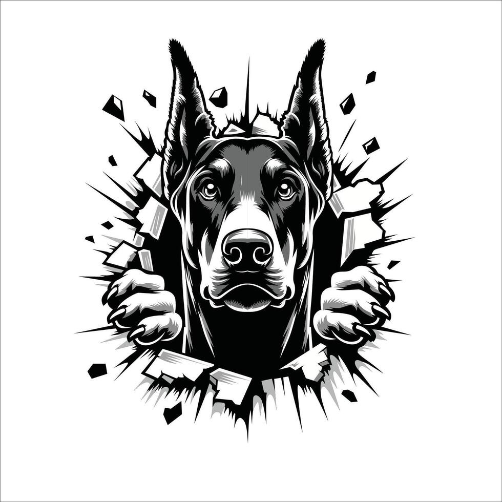 AI generated Dobermann Dog looking breaks through a breakthrough wall Vector