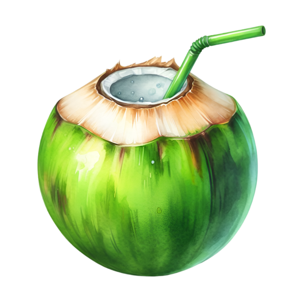 AI generated A close-up of a fresh young coconut with a leaf, perfect for healthy food or drink concepts png
