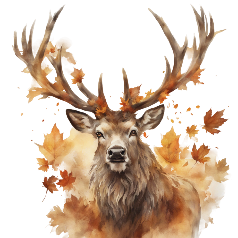 AI generated A majestic stag with antlers adorned with autumn leaves, rendered in a detailed watercolor with a focus on warm browns and golds png