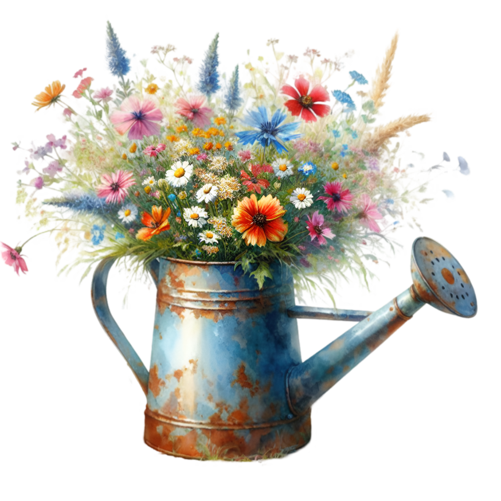 AI generated old watering can with flowers. png