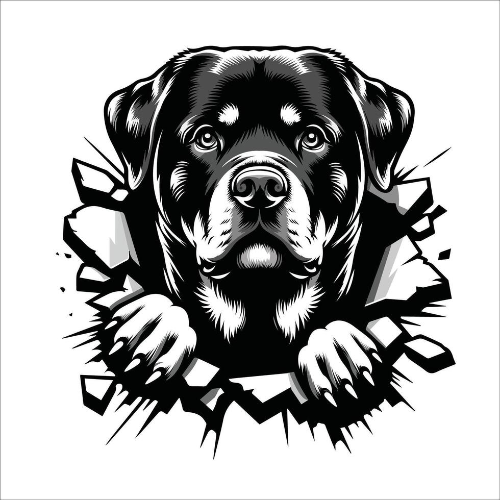 AI generated Rottweiler Dog looking breaks through a breakthrough wall Vector