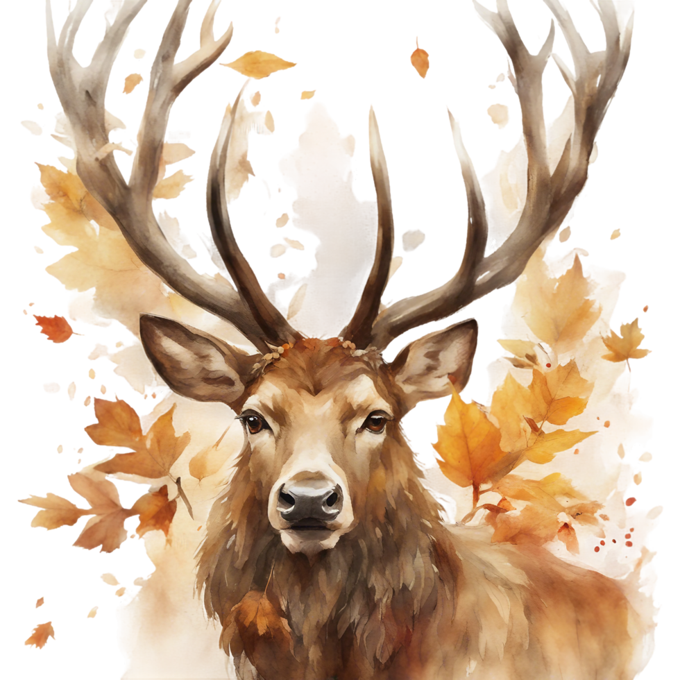AI generated A majestic stag with antlers adorned with autumn leaves, rendered in a detailed watercolor with a focus on warm browns and golds png