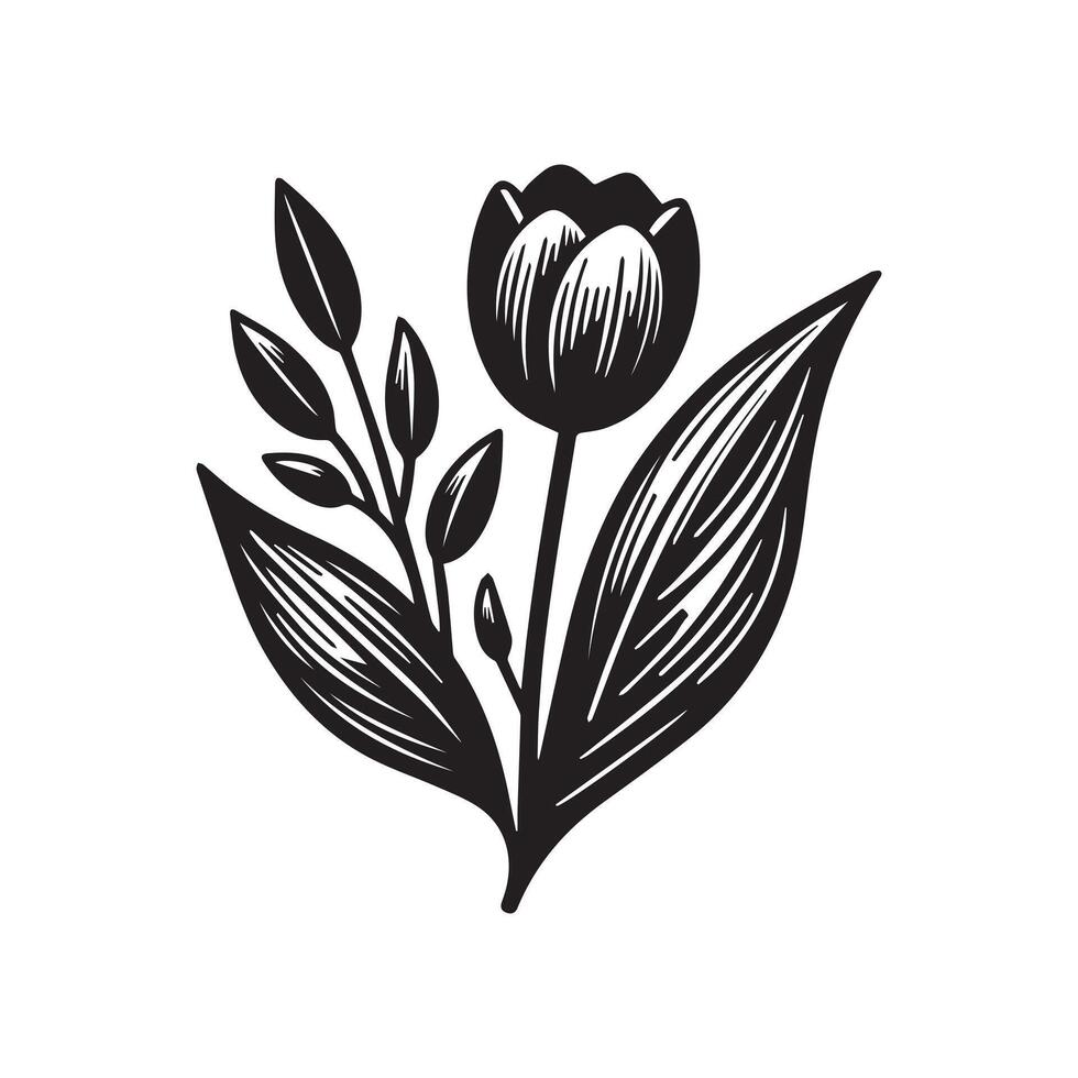 AI generated Tulip flower silhouette black and white illustration vector