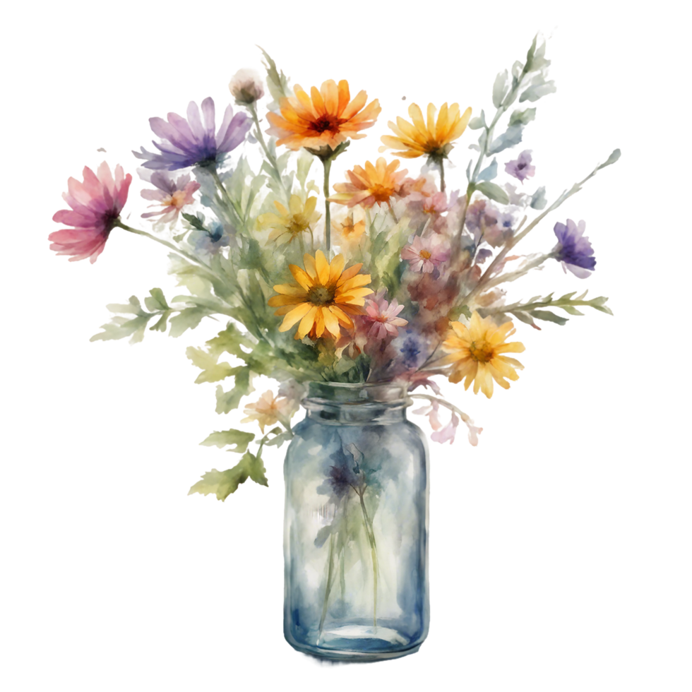 AI generated A simple glass bottle filled with colorful wildflowers, rendered in soft watercolors. png