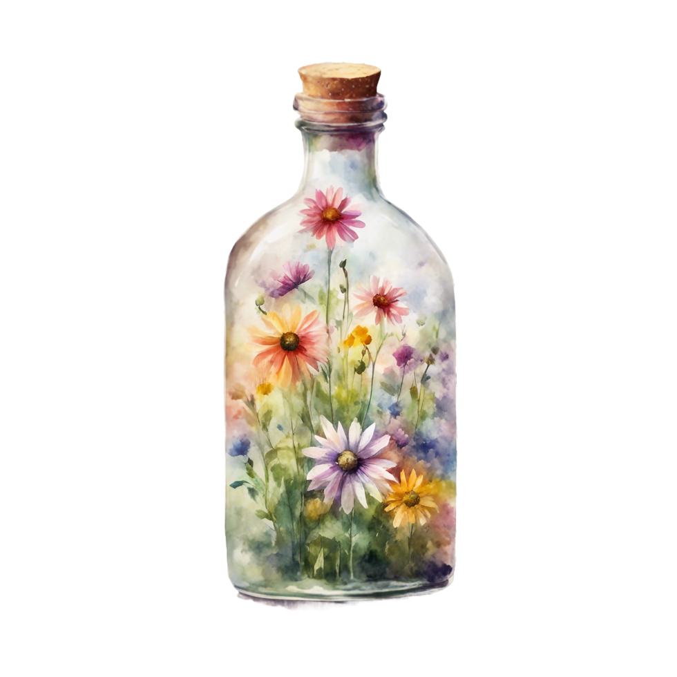 AI generated A simple glass bottle filled with colorful wildflowers, rendered in soft watercolors. png
