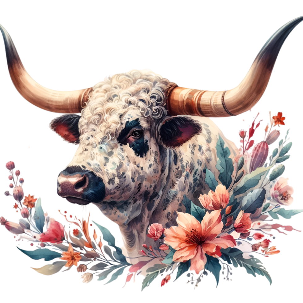 AI generated Highland cow with long horns grazes in a meadow png