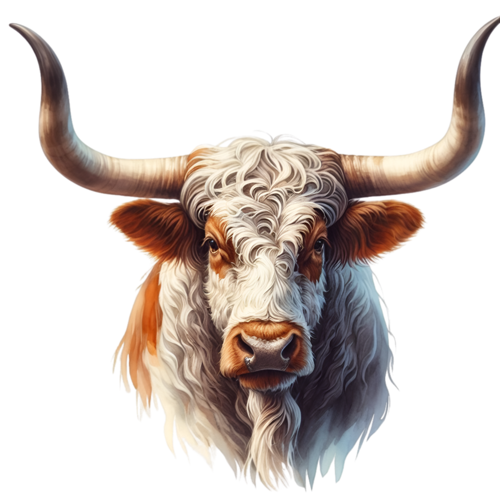 AI generated Highland cow with long horns grazes in a meadow png