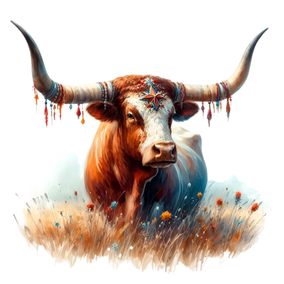 AI generated Highland cow with long horns grazes in a meadow png