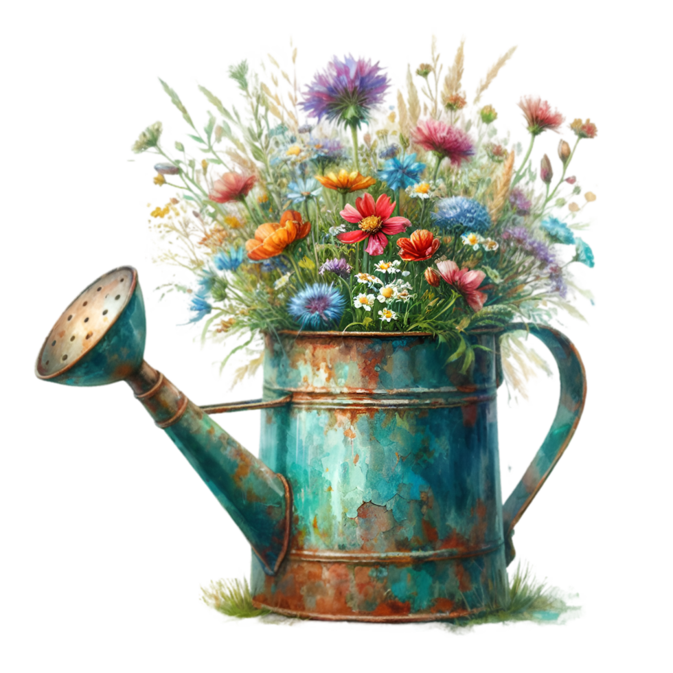 AI generated old watering can with flowers. png