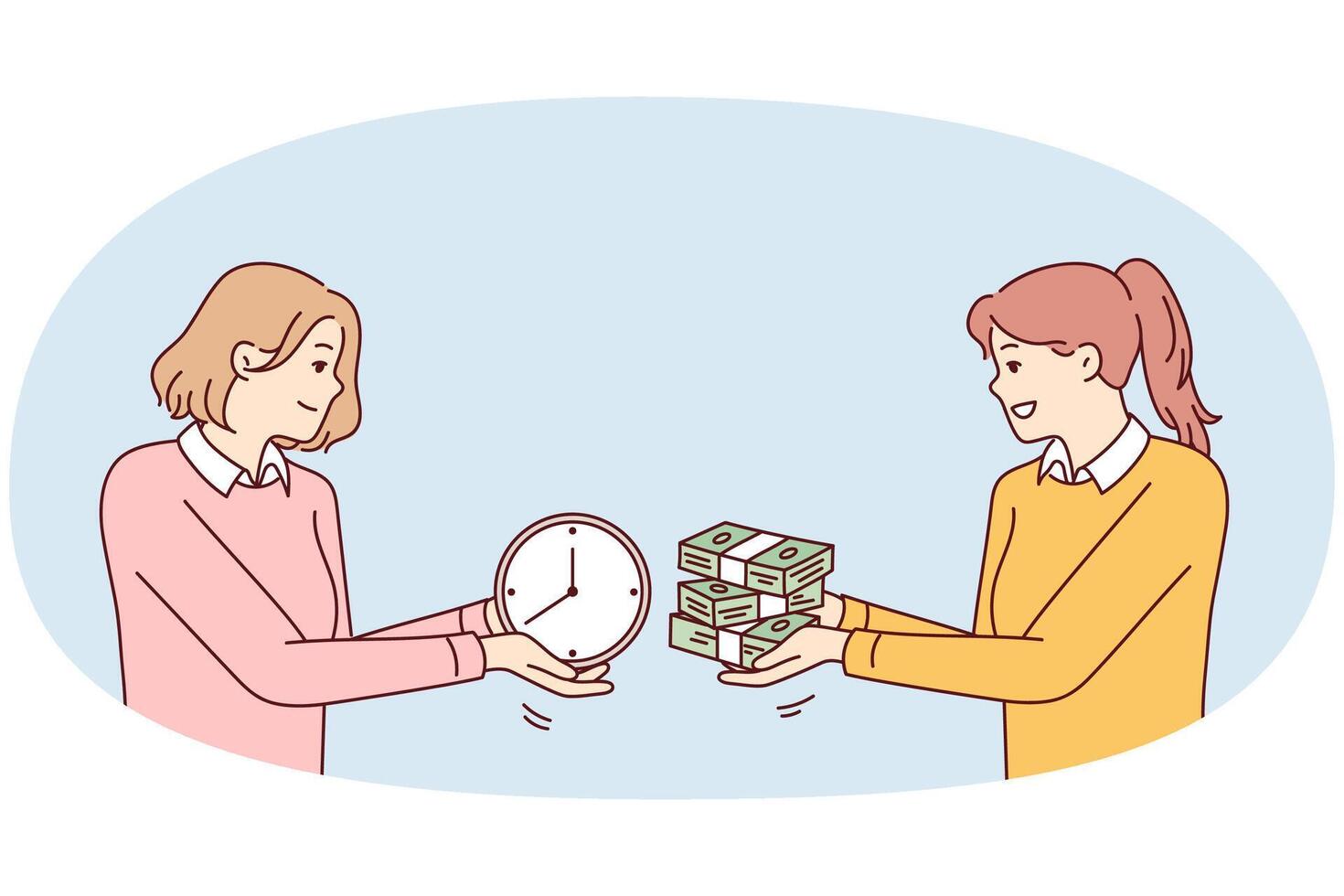 dos mujer intercambiar tacos de dinero y relojes, simbolizando compra de gratis tiempo. vector imagen