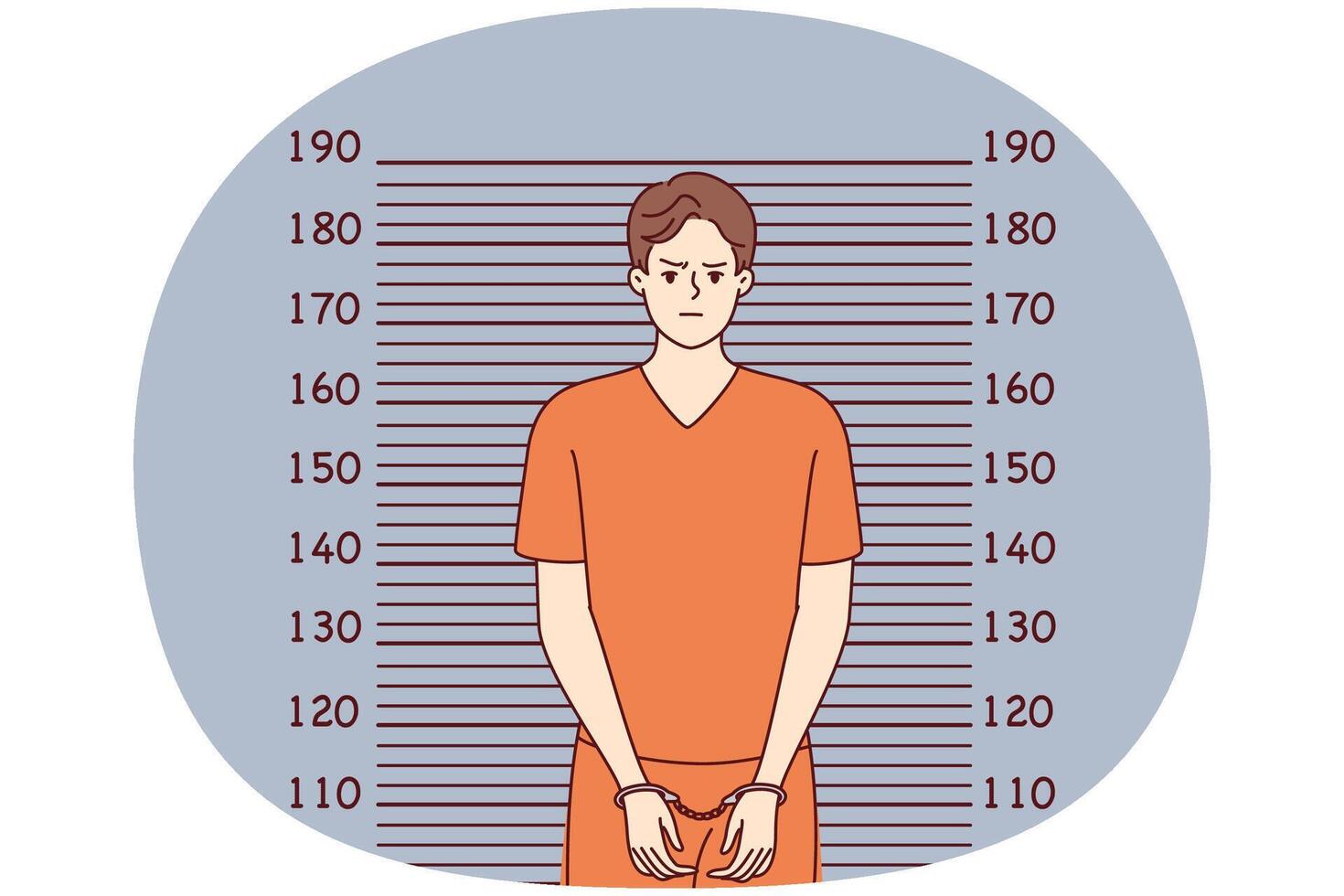 Man in handcuffs and orange prison clothes stands near lines for measuring height. Vector image