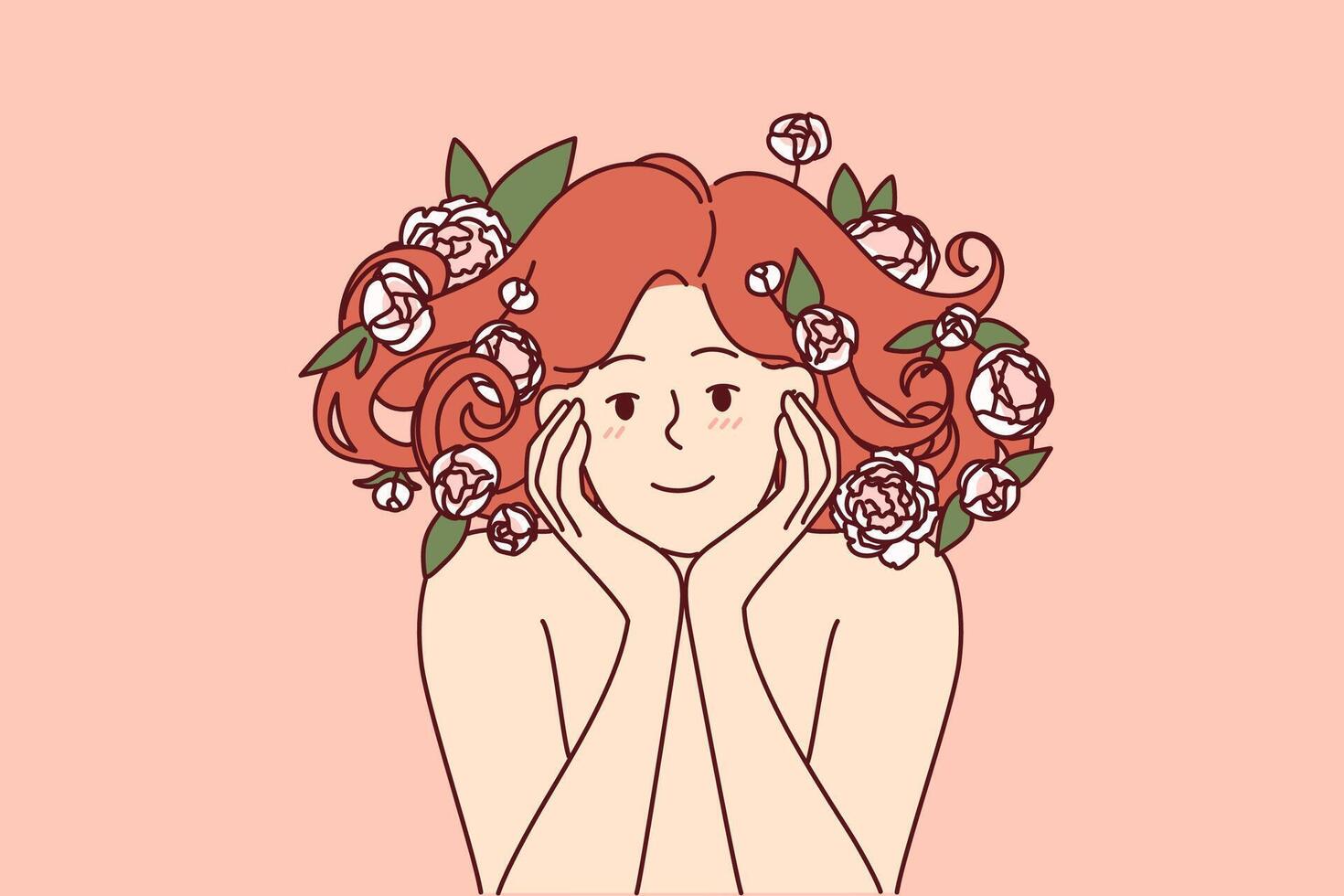 Woman with flowers in beautiful lush hair smiles, recommending use shampoo based on natural plants vector