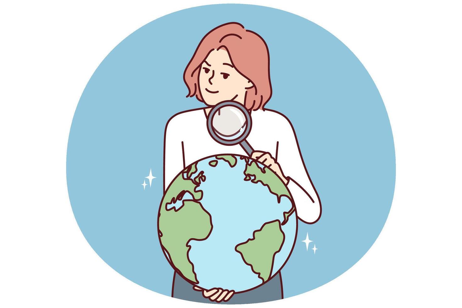 Woman with magnifying glass holds globe studying geography or choosing place for further travel vector