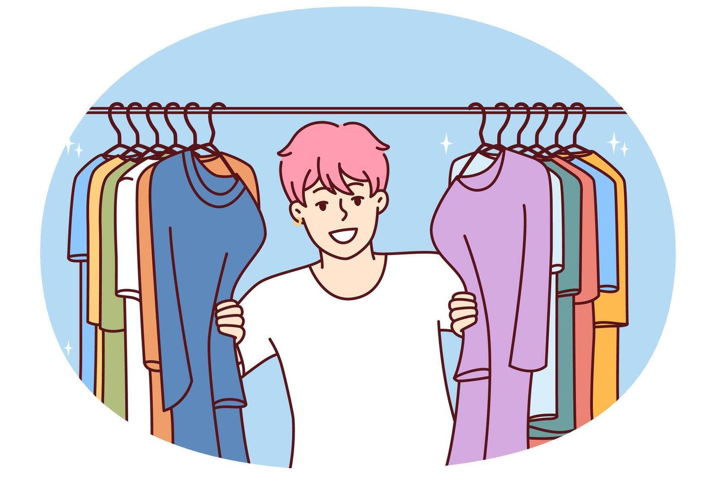 Young Cheerful man in t-shirt smiling peeking out from behind hanger for collection of clothes vector