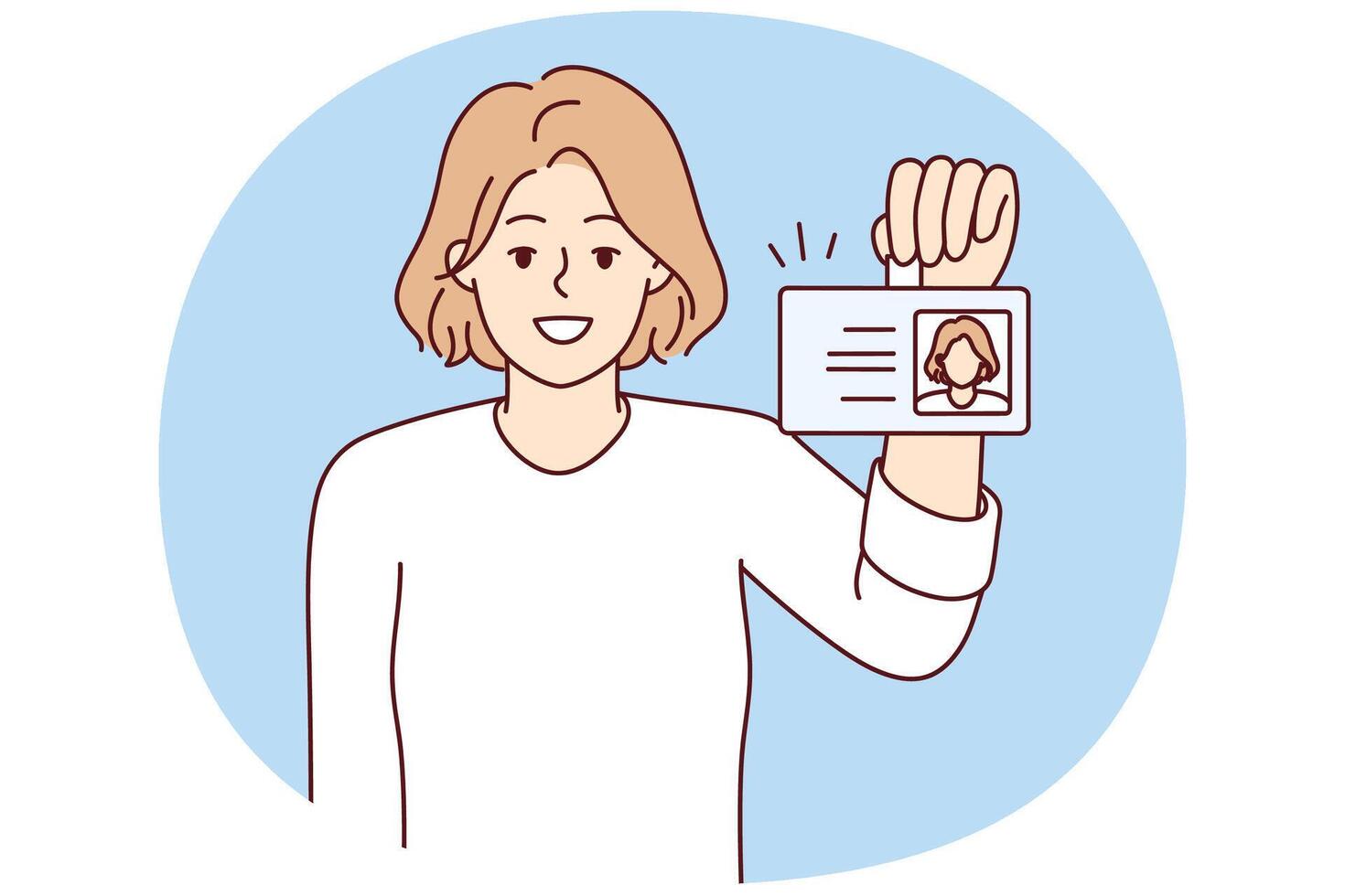 Positive woman shows badge with photo issued for use in office of corporation. Vector image