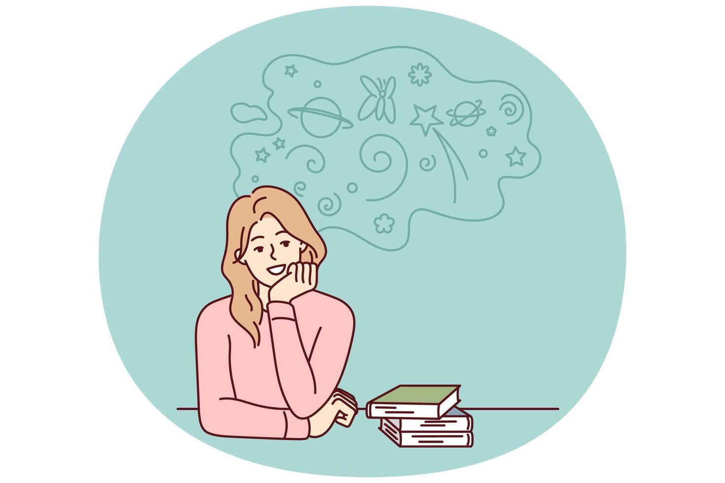 Woman sitting at table with books resting chin on hand procrastinates and dreams. Vector image