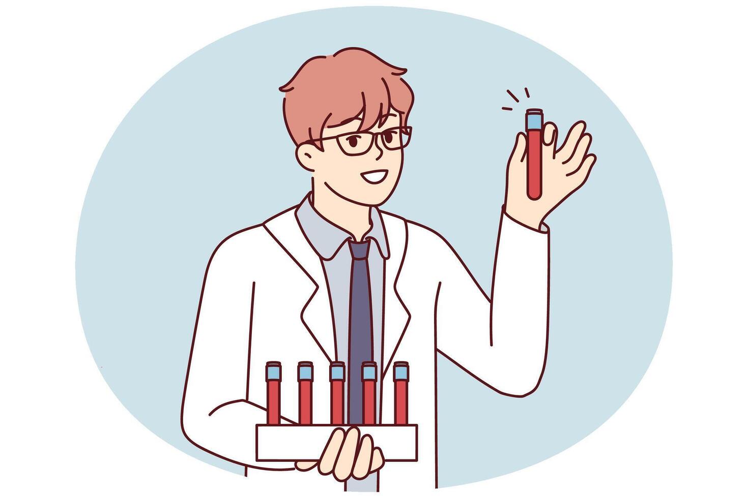 Young man scientist in white coat holds test tubes with blood samples for experiments. Vector image