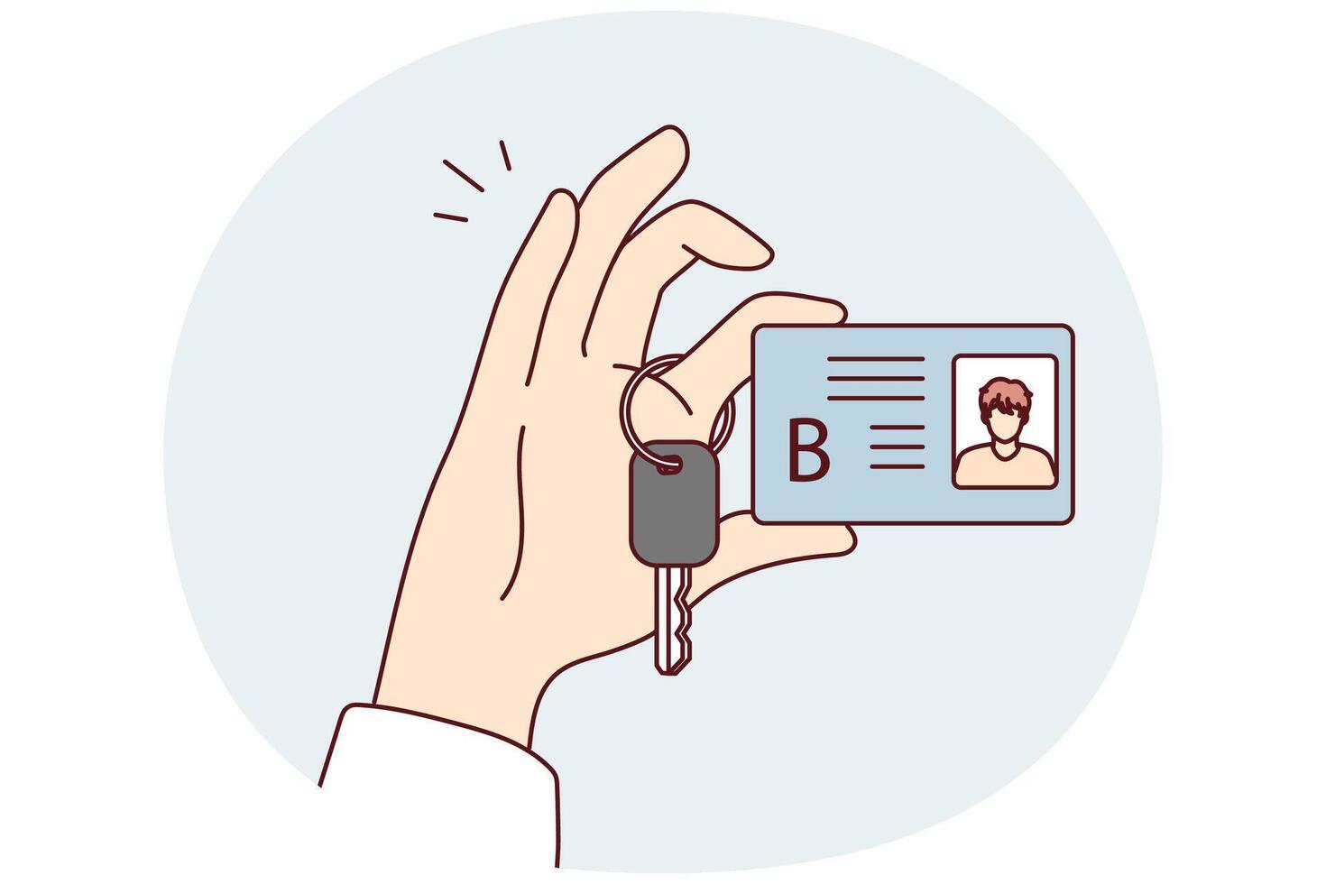 Category B car license with photo and truck ignition key in persons hand. Vector image